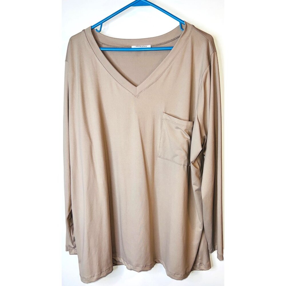 Zenana Womens 3X Tan/Beige V-Neck Long Sleeve Top Front Pocket Soft